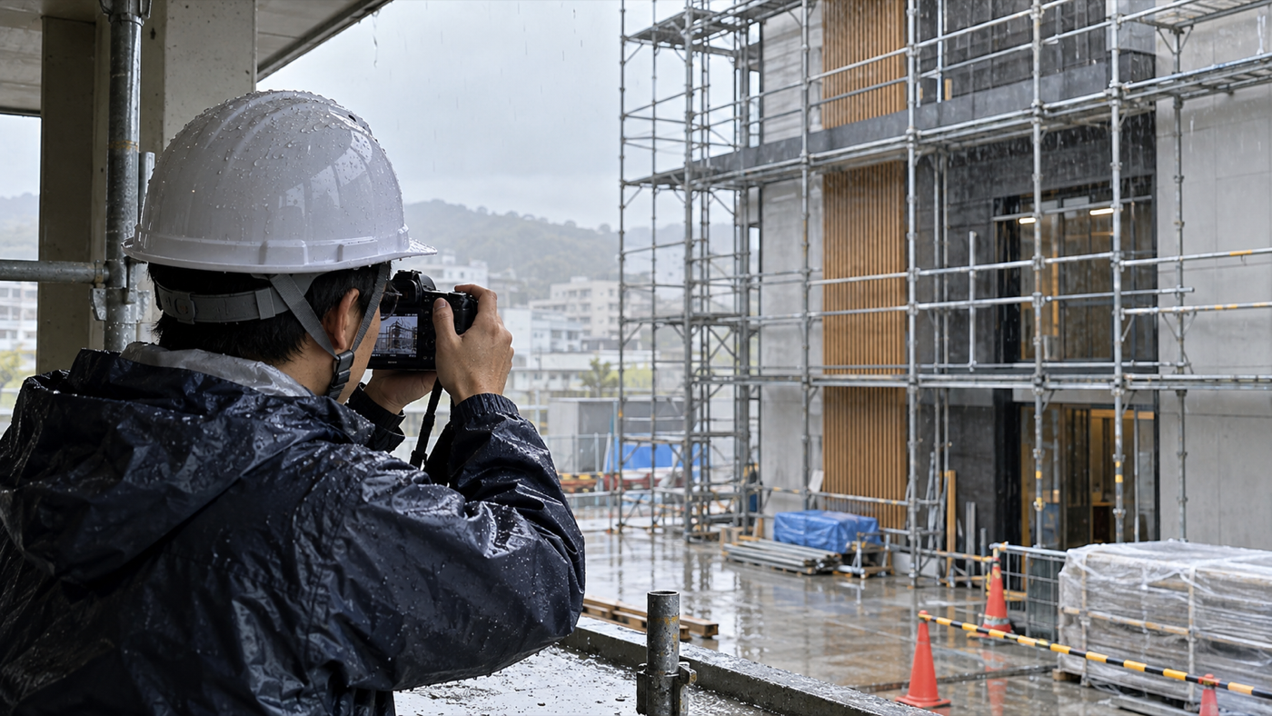 雨の日に工事写真を撮るときは?水滴・反射・安全を確認する実務ポイントのアイキャッチ画像